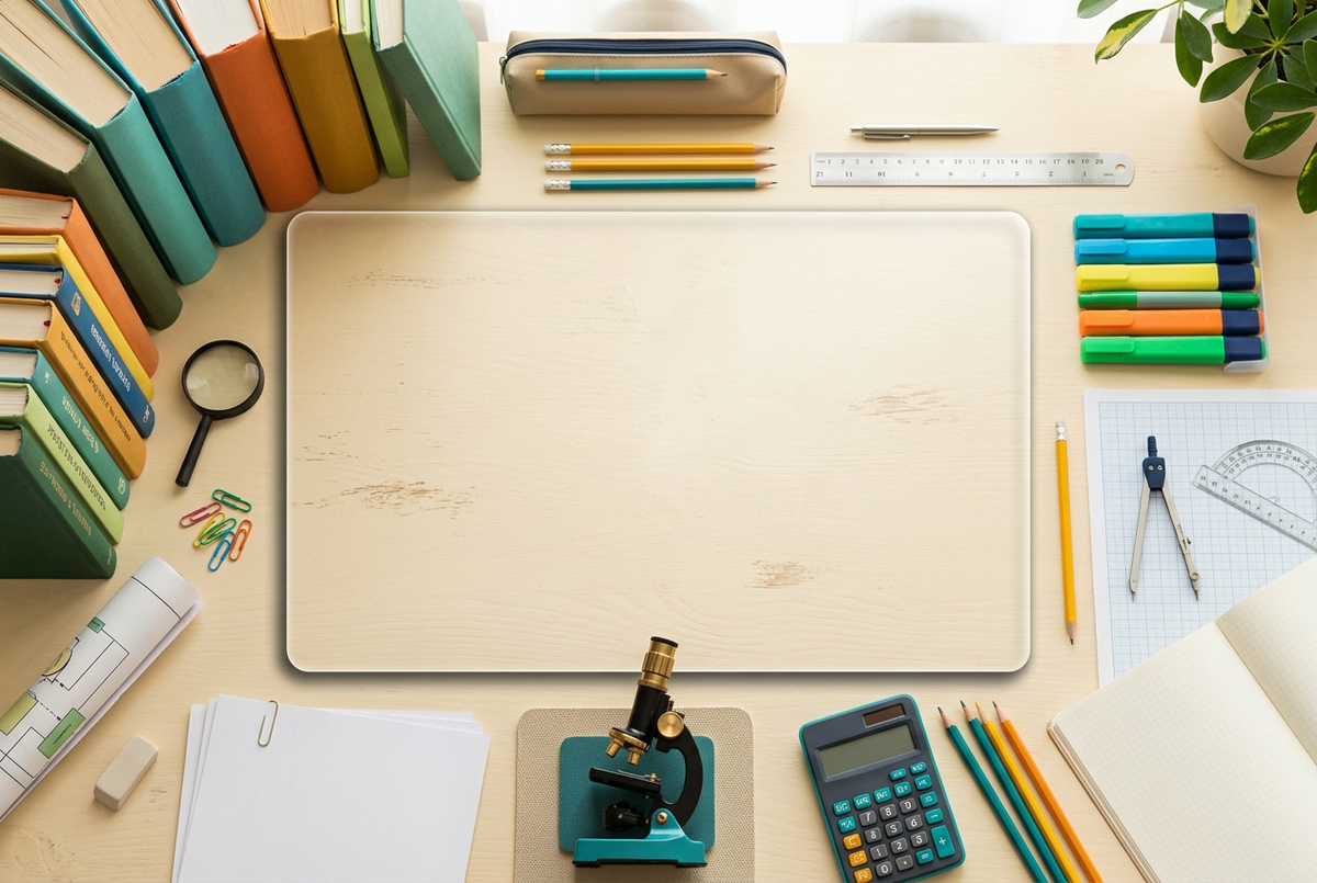 Learning-themed background with a clear cream text panel